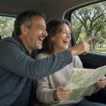 Operador de transporte turístico: pareja disfrutando el paseo en auto